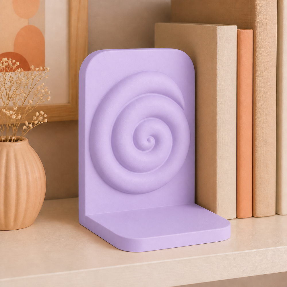 Cinnamon Roll Bookend, Cute Bakery Shelf Decor, Pastel Bookshelf Gift — Purple color variant