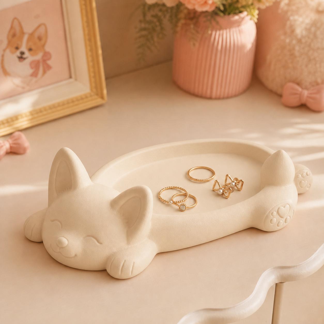 Corgi Ring Dish, Pastel Jewelry Tray — Beige color variant