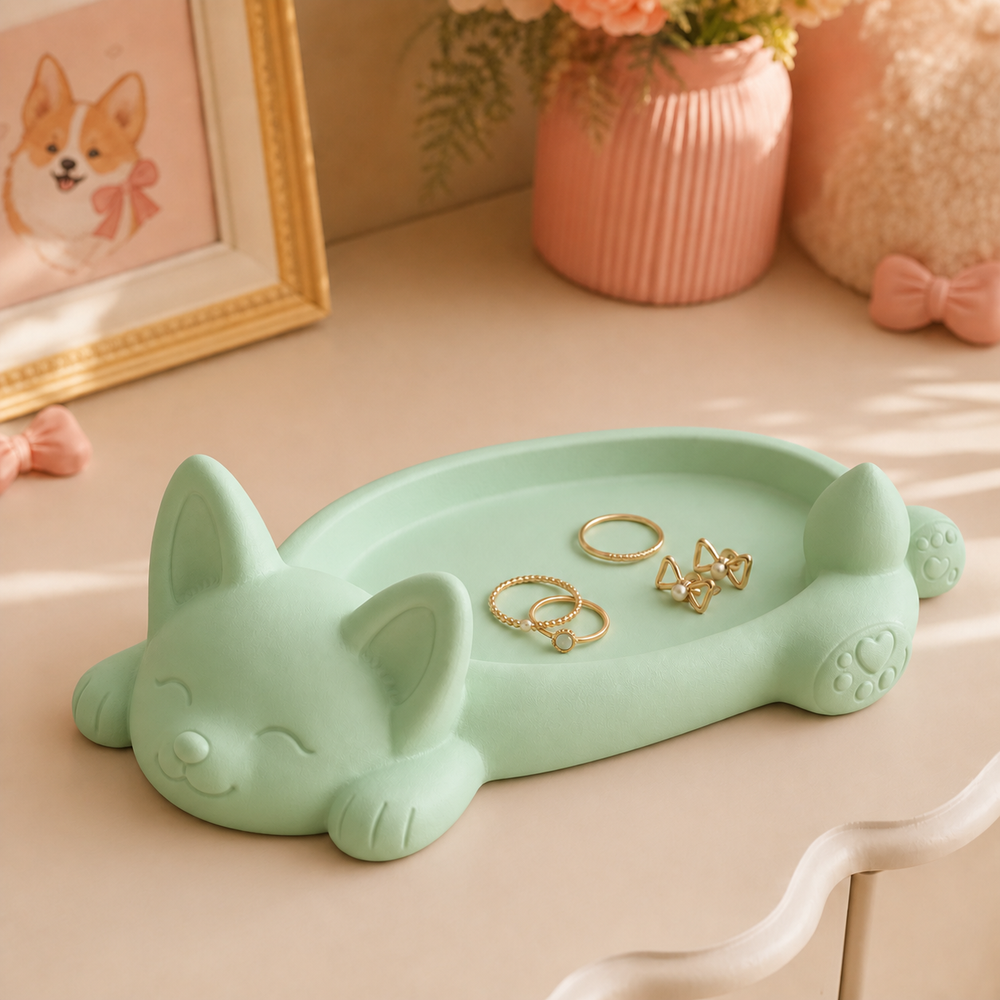 Corgi Ring Dish, Pastel Jewelry Tray — Green color variant