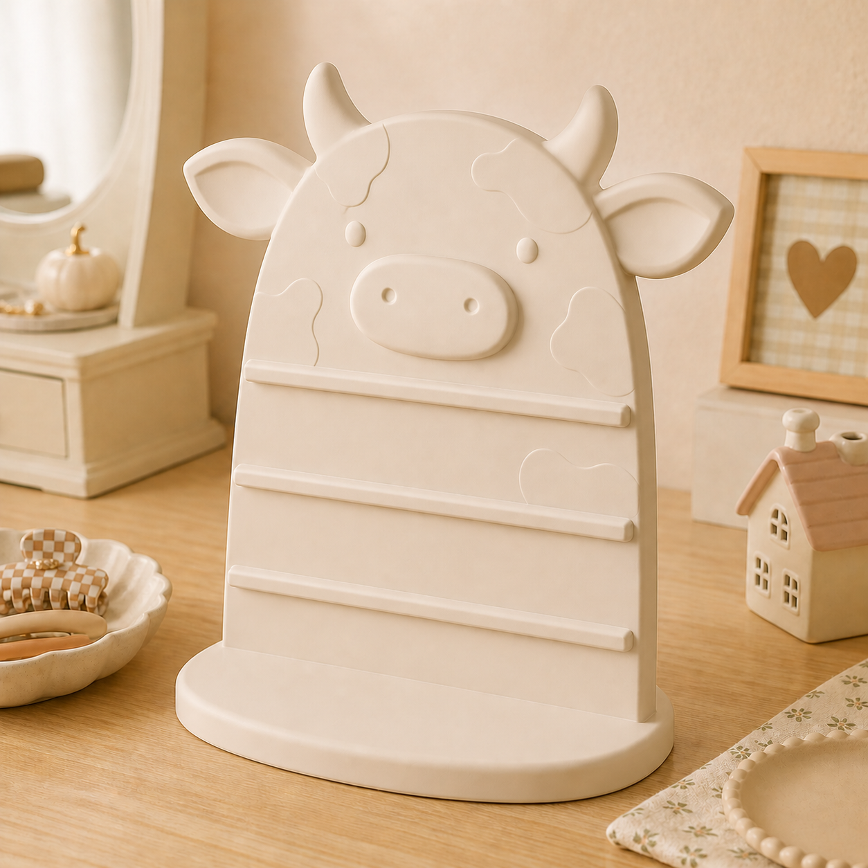 Cow Earring Hair Display, Pastel Jewelry Stand, Cute Vanity Organizer Gift — Beige color variant