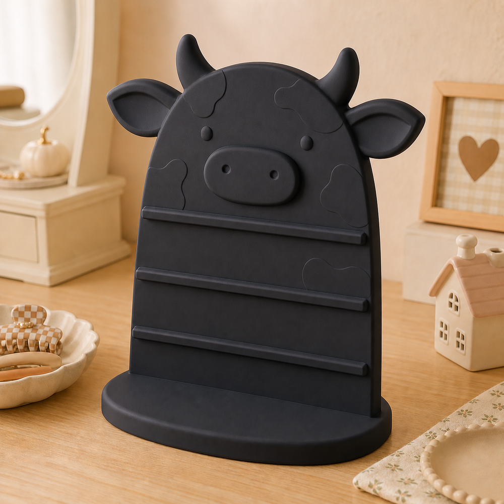 Cow Earring Hair Display, Pastel Jewelry Stand, Cute Vanity Organizer Gift — Black color variant