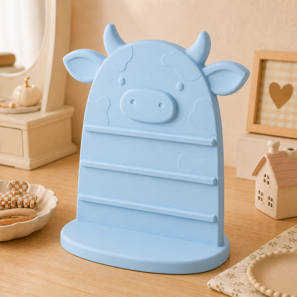 Cow Earring Hair Display, Pastel Jewelry Stand, Cute Vanity Organizer Gift — Blue color variant