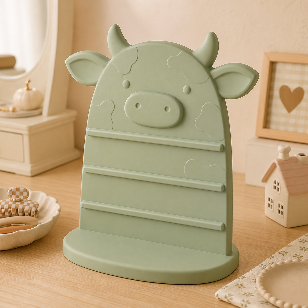 Cow Earring Hair Display, Pastel Jewelry Stand, Cute Vanity Organizer Gift — Green color variant