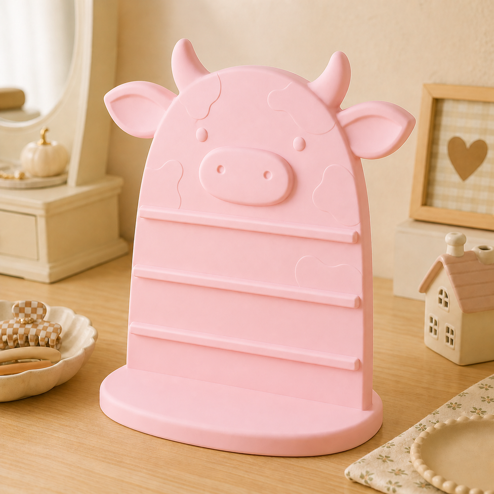 Cow Earring Hair Display, Pastel Jewelry Stand, Cute Vanity Organizer Gift — Pink color variant