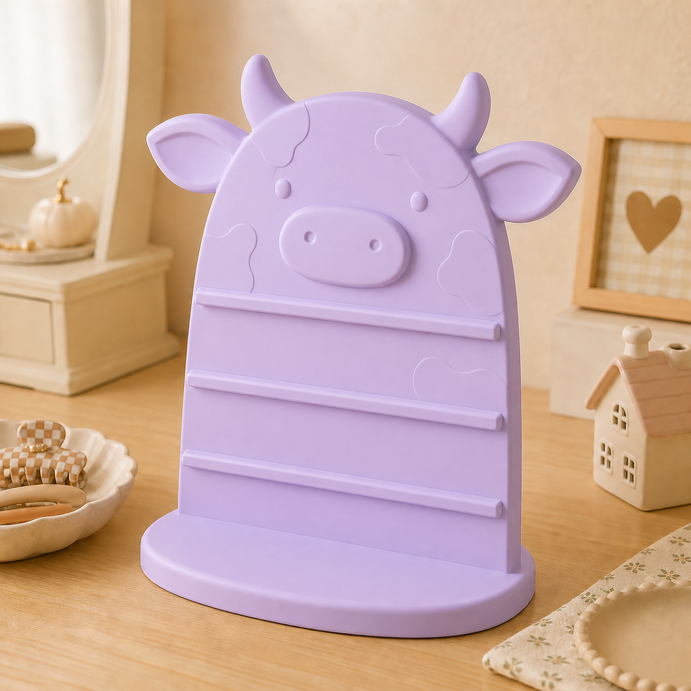 Cow Earring Hair Display, Pastel Jewelry Stand, Cute Vanity Organizer Gift — Purple color variant