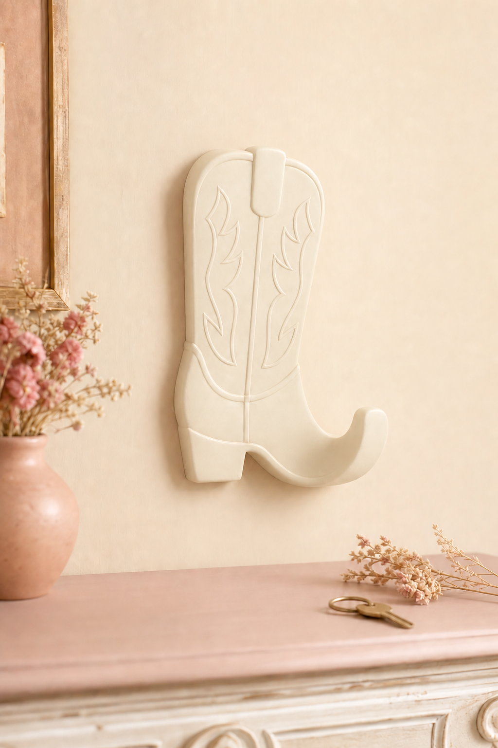 Cowboy Boot Wall Hook, Western Key Holder, Cowgirl Room Decor Gift — Beige color variant
