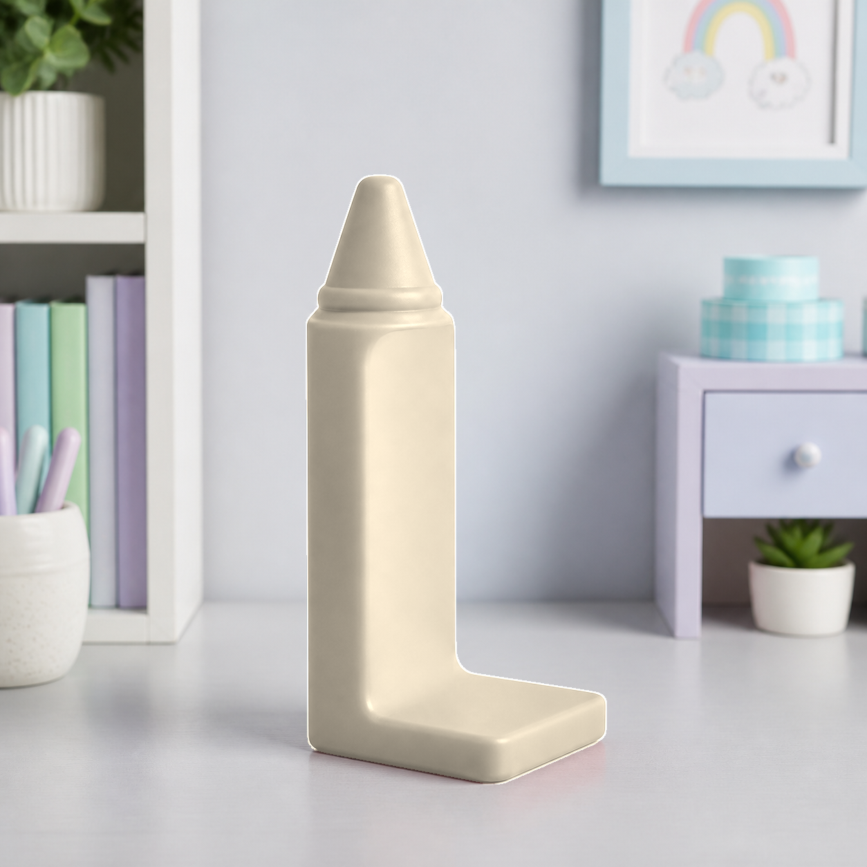 Crayon Bookend, Pastel Art Room Shelf Decor, Cute Desk Book Holder Gift — Beige color variant