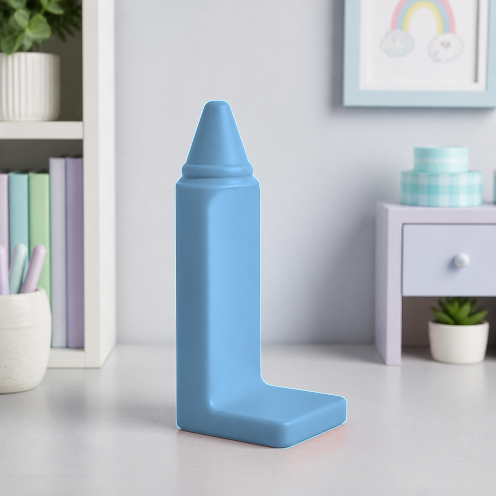 Crayon Bookend, Pastel Art Room Shelf Decor, Cute Desk Book Holder Gift — Blue color variant