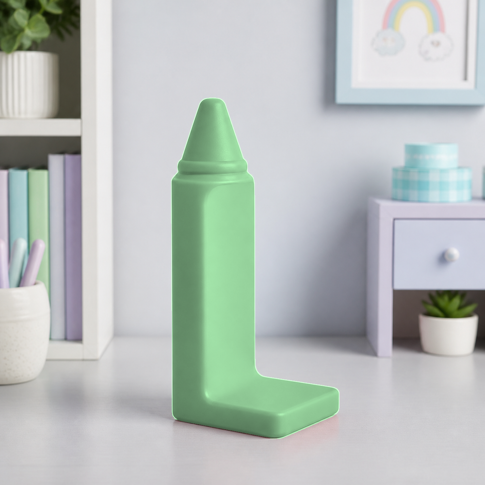 Crayon Bookend, Pastel Art Room Shelf Decor, Cute Desk Book Holder Gift — Green color variant