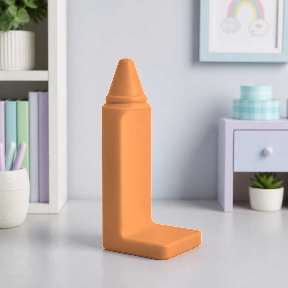 Crayon Bookend, Pastel Art Room Shelf Decor, Cute Desk Book Holder Gift — Orange color variant