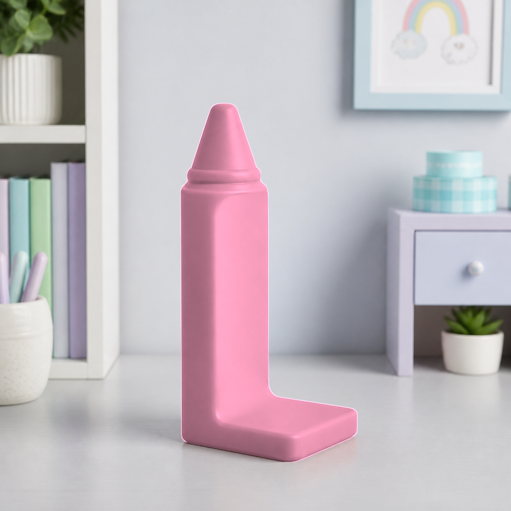 Crayon Bookend, Pastel Art Room Shelf Decor, Cute Desk Book Holder Gift — Pink color variant