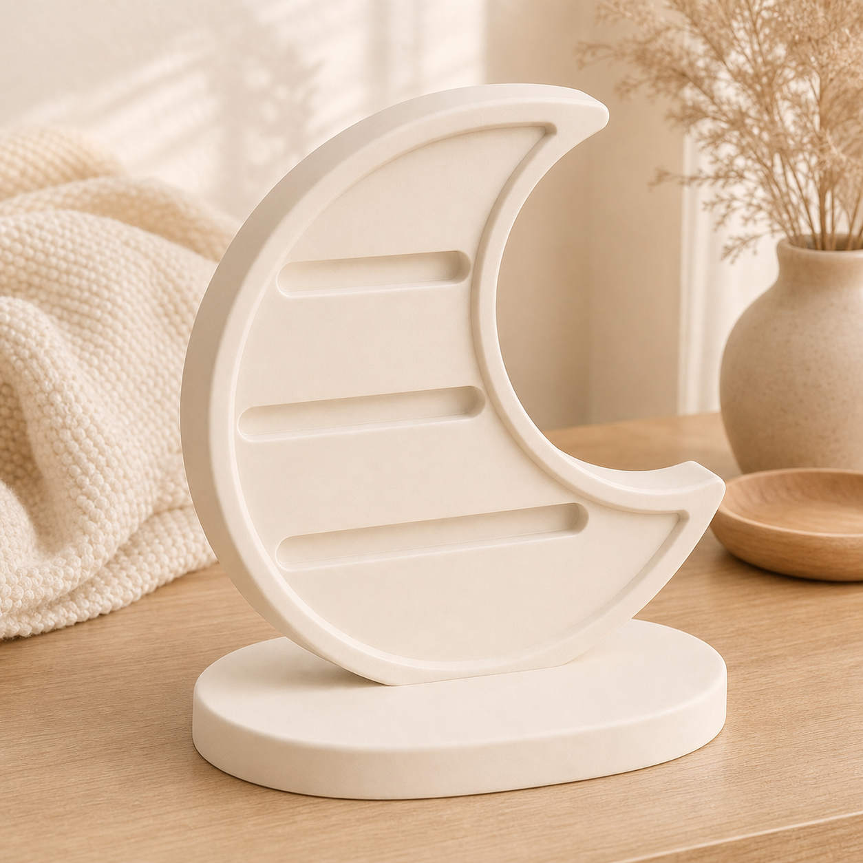 Crescent Moon Earring Holder, Celestial Hair Clip Stand and Pastel Vanity Decor — Beige color variant