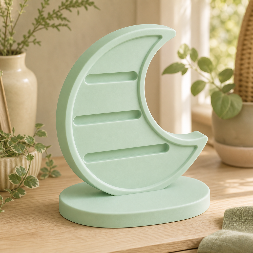 Crescent Moon Earring Holder, Celestial Hair Clip Stand and Pastel Vanity Decor — Green color variant