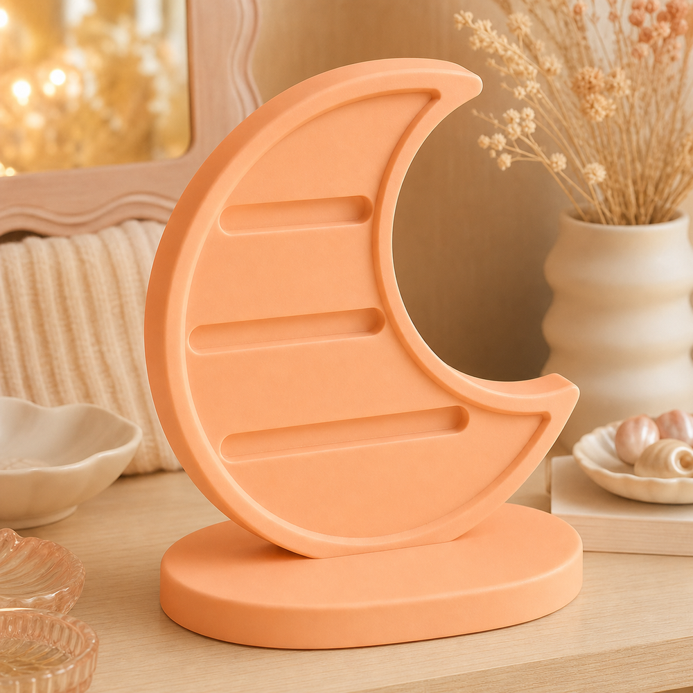 Crescent Moon Earring Holder, Celestial Hair Clip Stand and Pastel Vanity Decor — Orange color variant