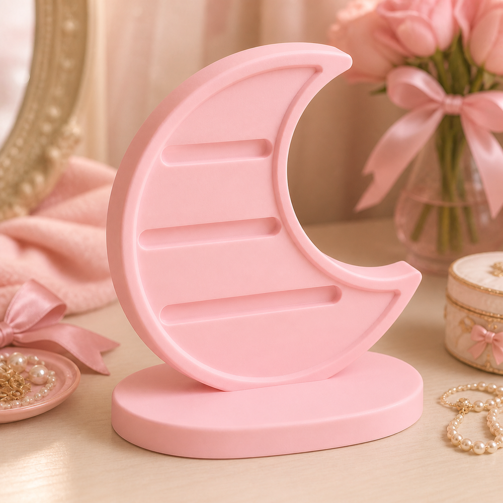 Crescent Moon Earring Holder, Celestial Hair Clip Stand and Pastel Vanity Decor — Pink color variant