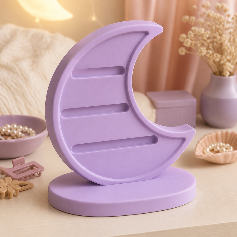 Crescent Moon Earring Holder, Celestial Hair Clip Stand and Pastel Vanity Decor — Purple color variant