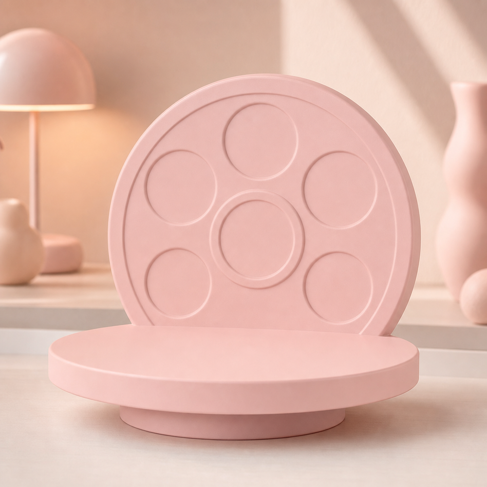 Film Reel Display Riser, Pastel Movie Shelf Stand, Cute Desk Room Decor Gift — Pink color variant