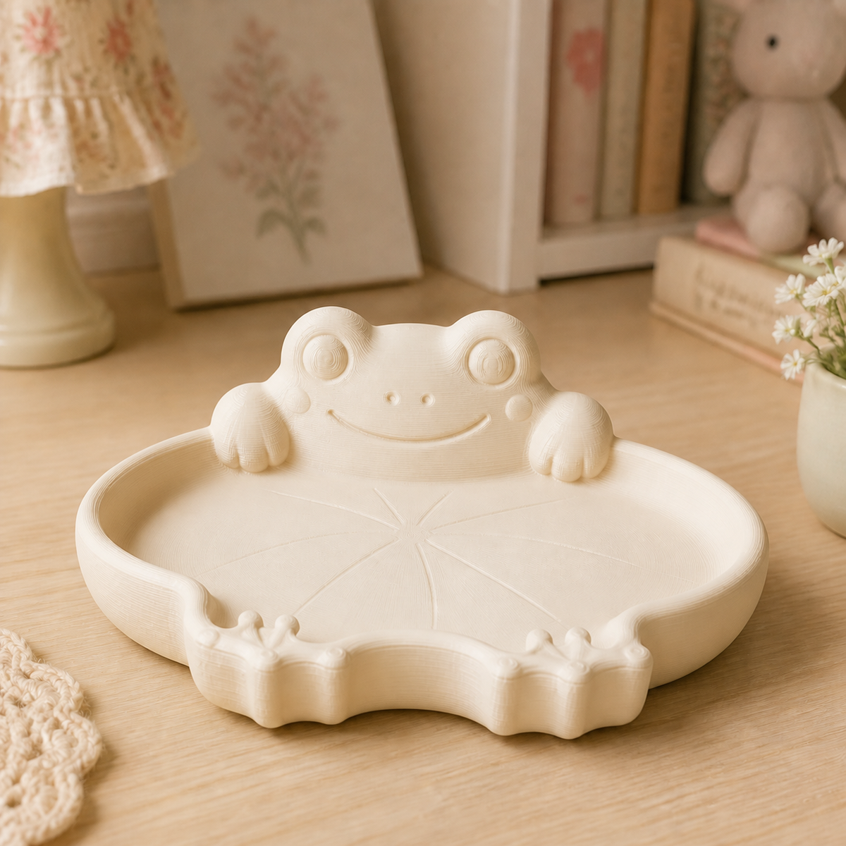 Frog Lily Pad Ring Dish, Pastel Jewelry Tray — Beige color variant