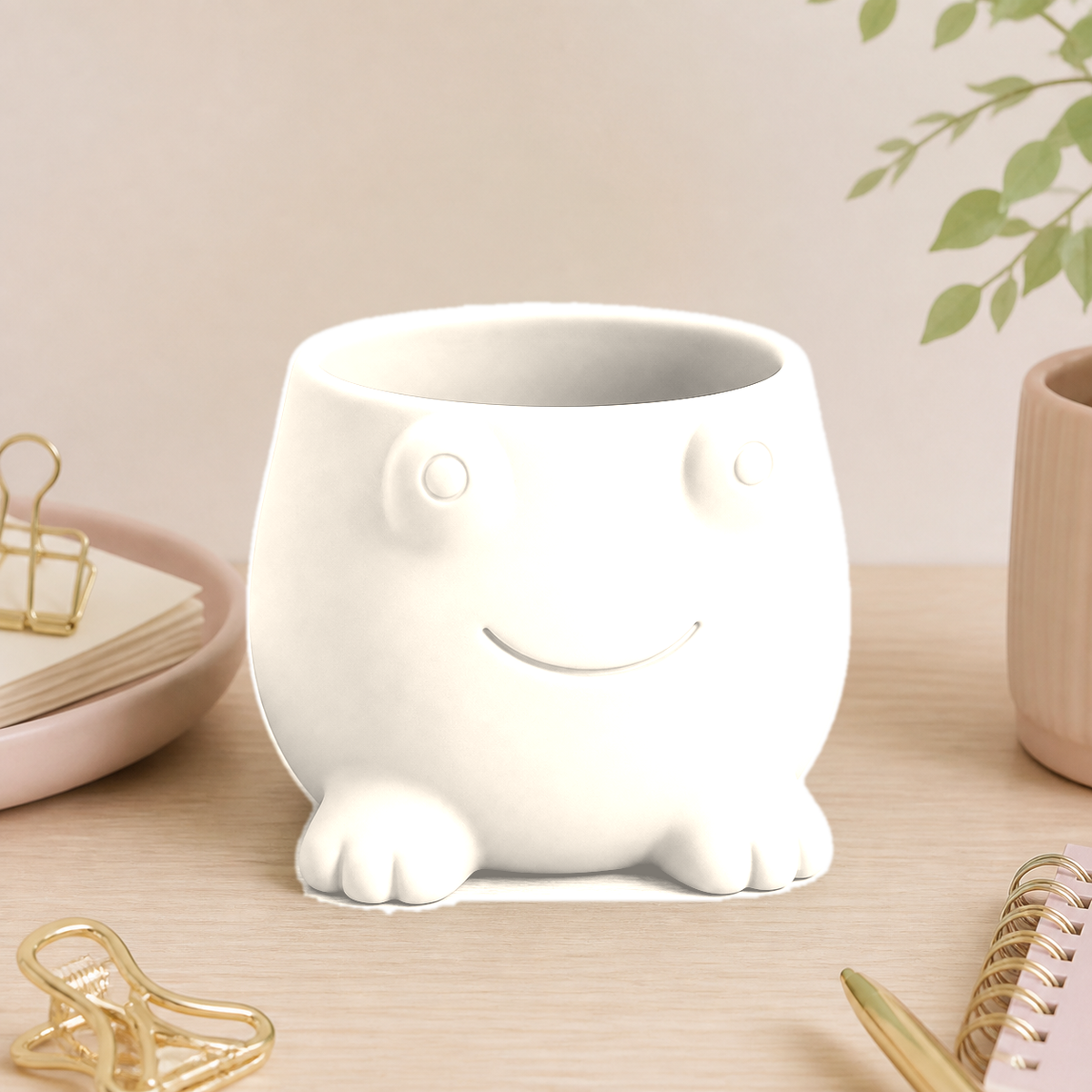 Frog Pencil Brush Cup, Cute Pastel Desk Organizer, Kawaii Vanity Decor Gift — Beige color variant