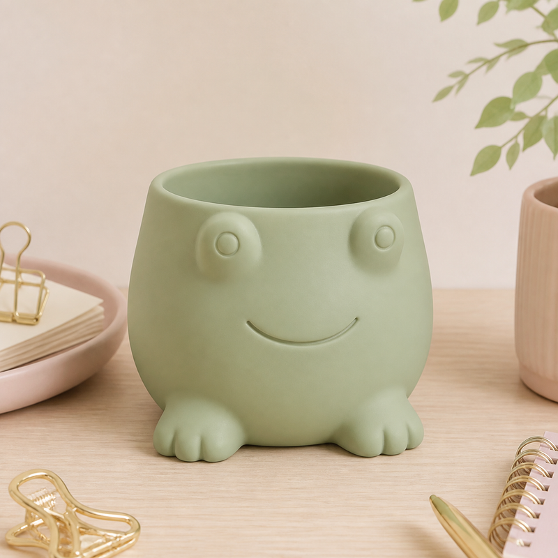 Frog Pencil Brush Cup, Cute Pastel Desk Organizer, Kawaii Vanity Decor Gift — Green color variant