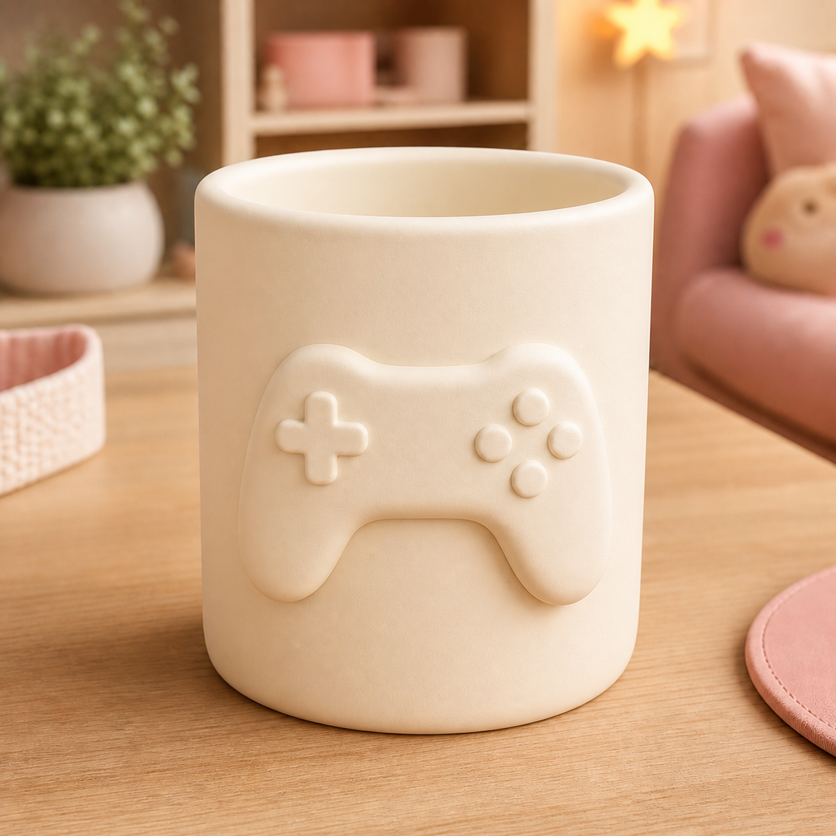 Game Controller Pencil Cup, Gamer Desk Organizer, Pastel Makeup Brush Holder — Beige color variant