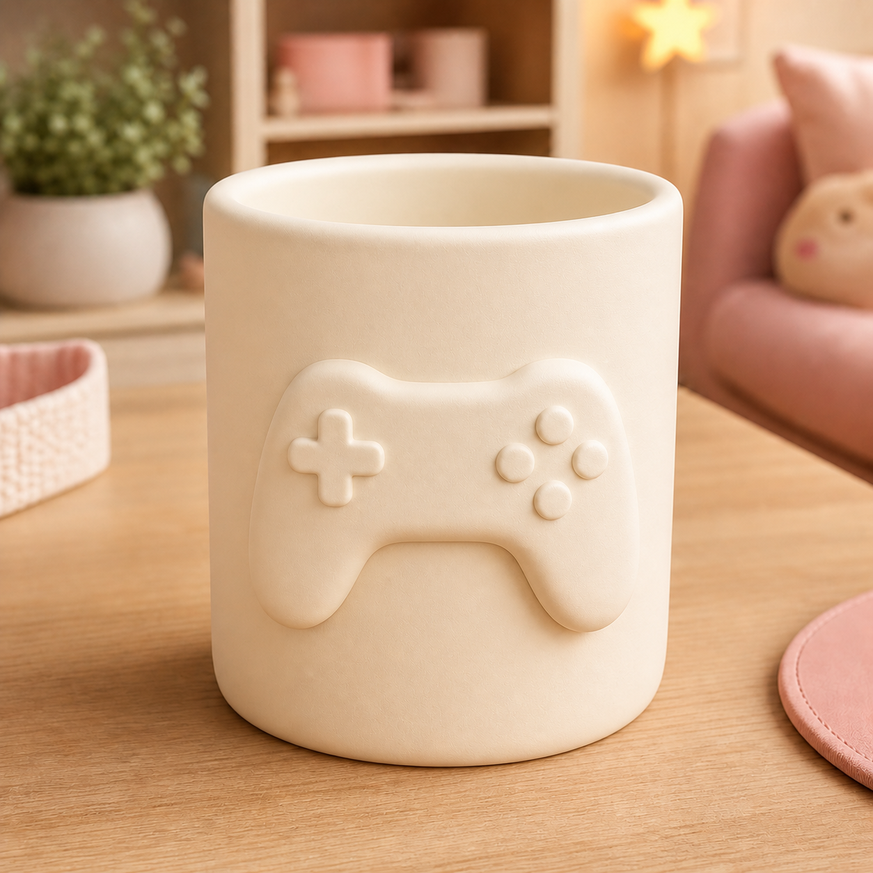 Game Controller Pencil Cup, Gamer Desk Organizer, Pastel Makeup Brush Holder — Beige color variant