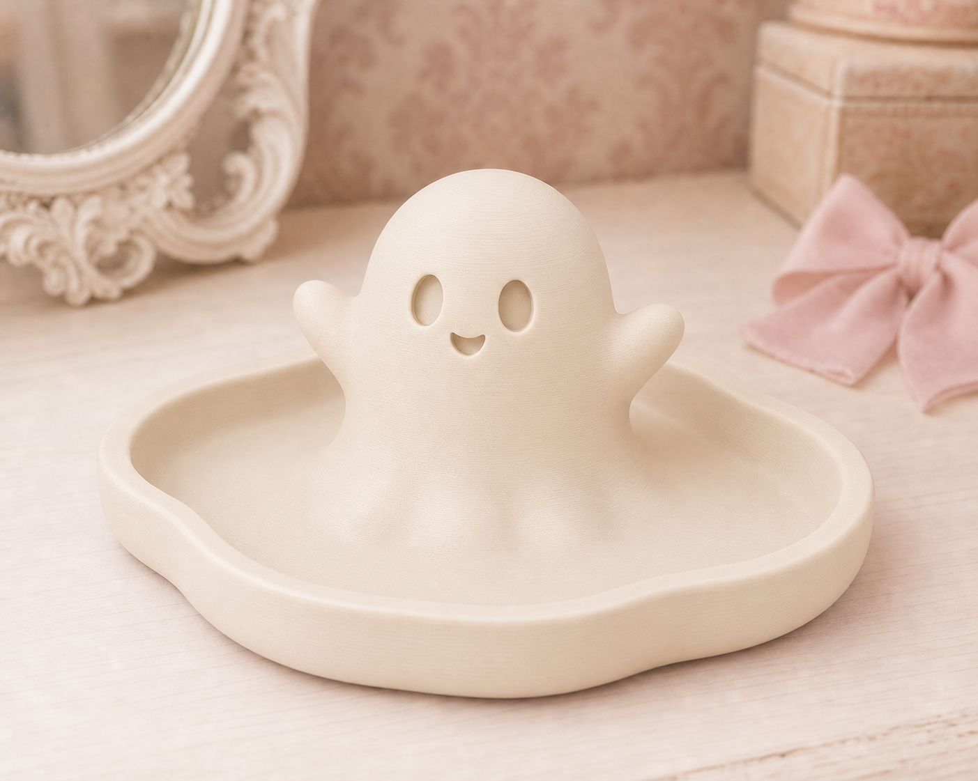 Ghost Jewelry Tray, Spooky Cute Pastel Trinket Dish — Beige lifestyle color variant