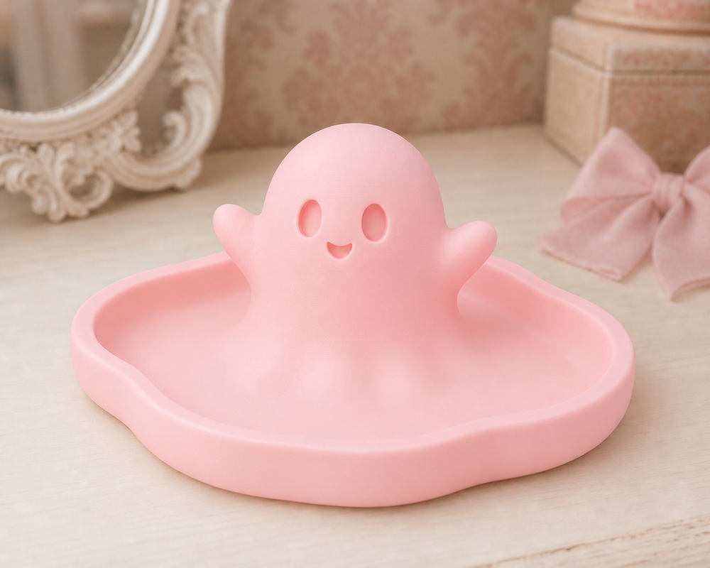 Ghost Jewelry Tray, Spooky Cute Pastel Trinket Dish — Pink lifestyle color variant
