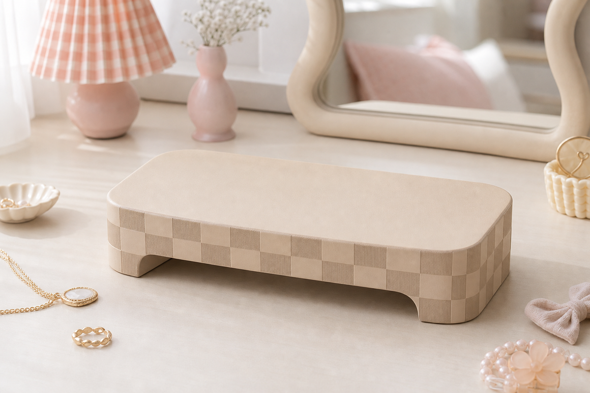 Gingham Display Riser, Pastel Shelf Accent Stand for Cute Room Decor and Trinkets — Beige color variant