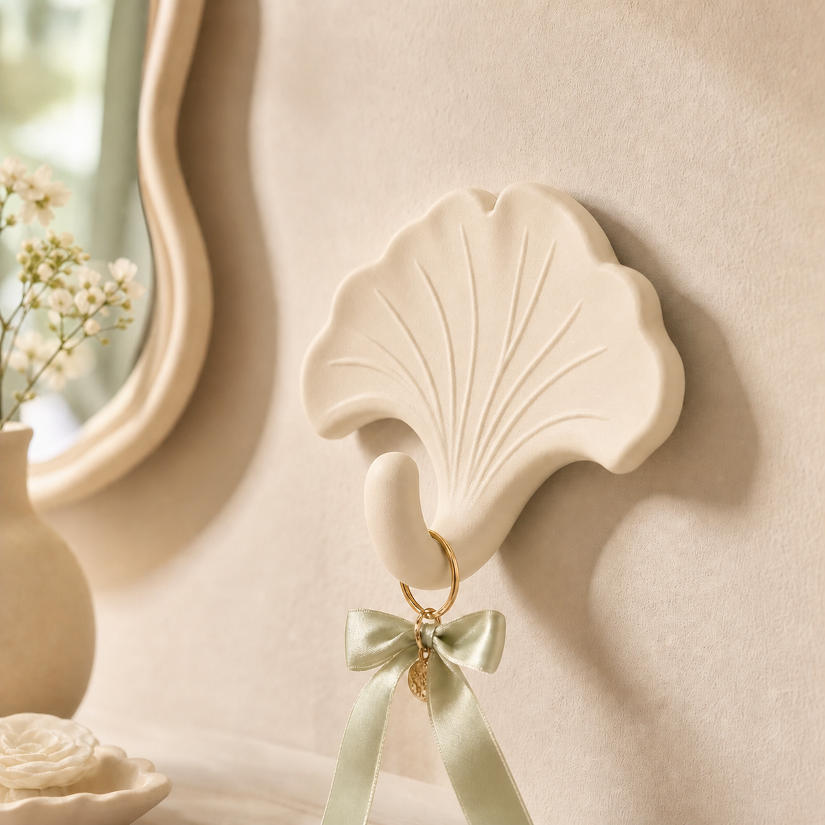 Ginkgo Leaf Wall Hook, Pastel Botanical Decor — Beige color variant