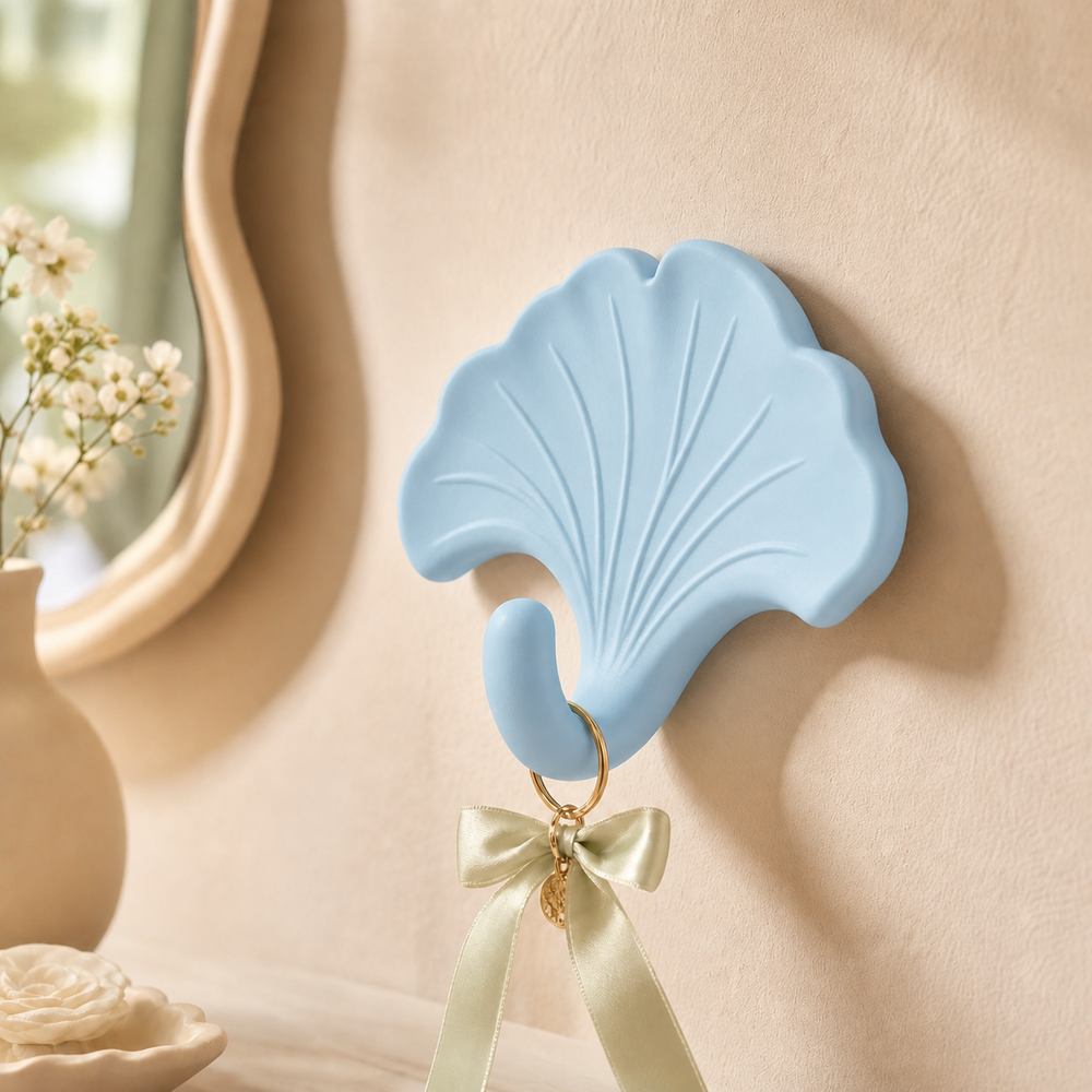 Ginkgo Leaf Wall Hook, Pastel Botanical Decor — Blue color variant