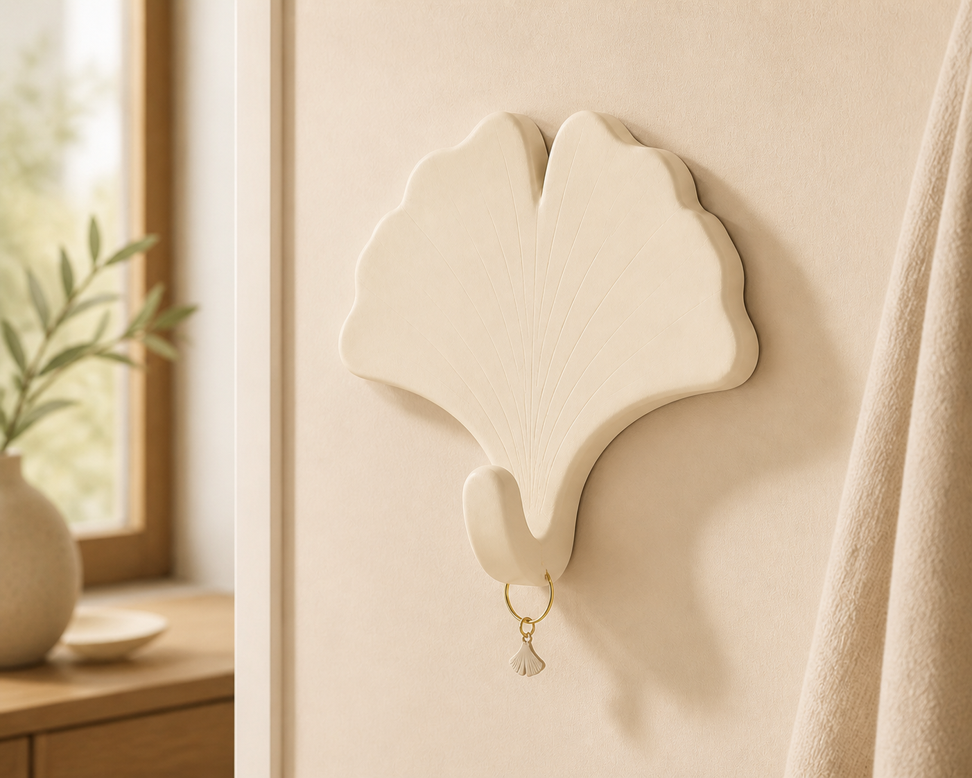 Ginkgo Leaf Wall Hook, Pastel Botanical Key Hook, Cute Entry Room Decor — Beige color variant