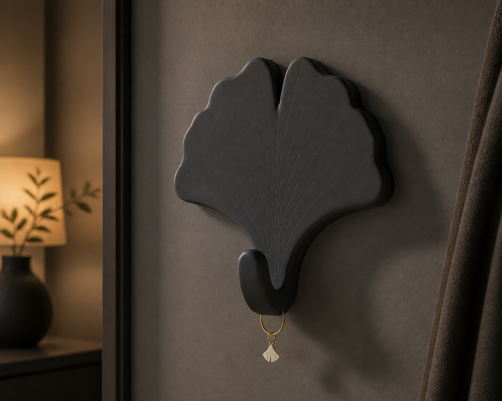 Ginkgo Leaf Wall Hook, Pastel Botanical Key Hook, Cute Entry Room Decor — Black color variant