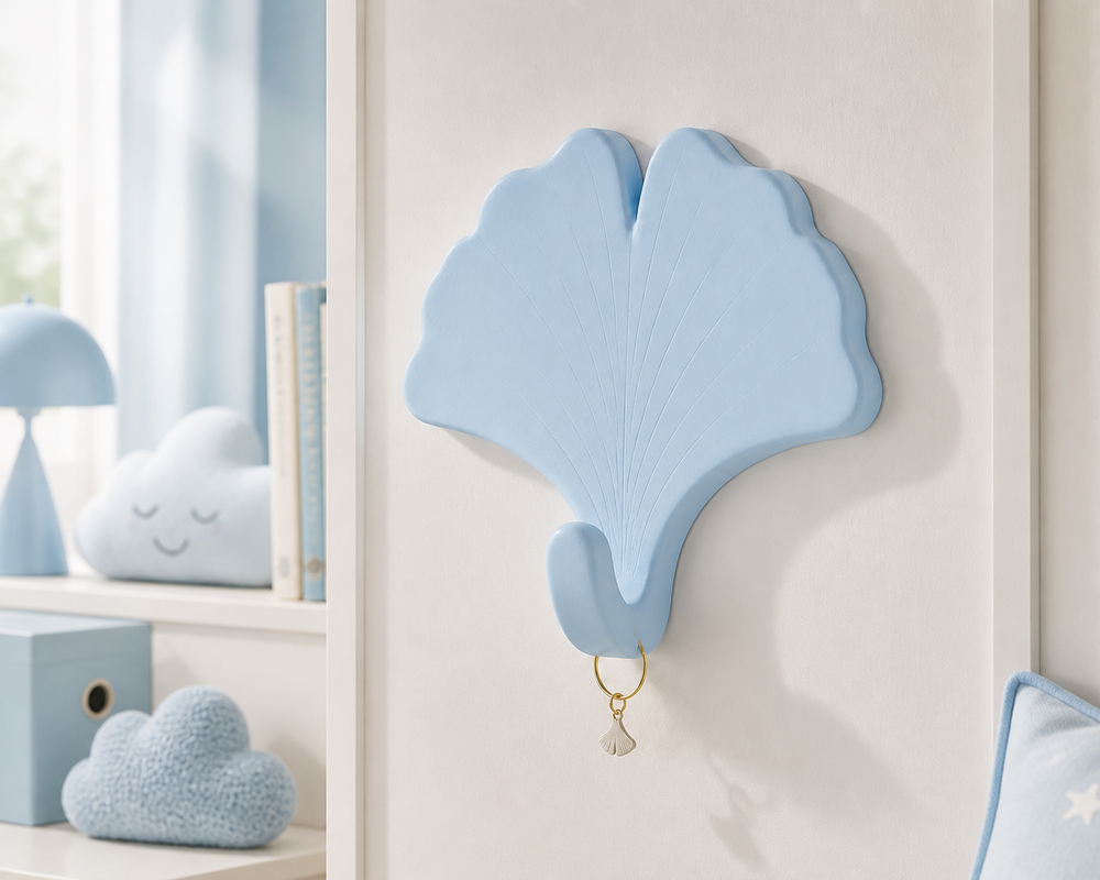 Ginkgo Leaf Wall Hook, Pastel Botanical Key Hook, Cute Entry Room Decor — Blue color variant