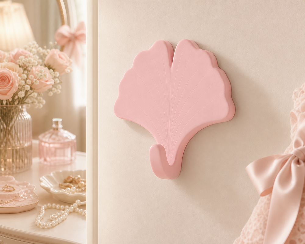 Ginkgo Leaf Wall Hook, Pastel Botanical Key Hook, Cute Entry Room Decor — Pink color variant