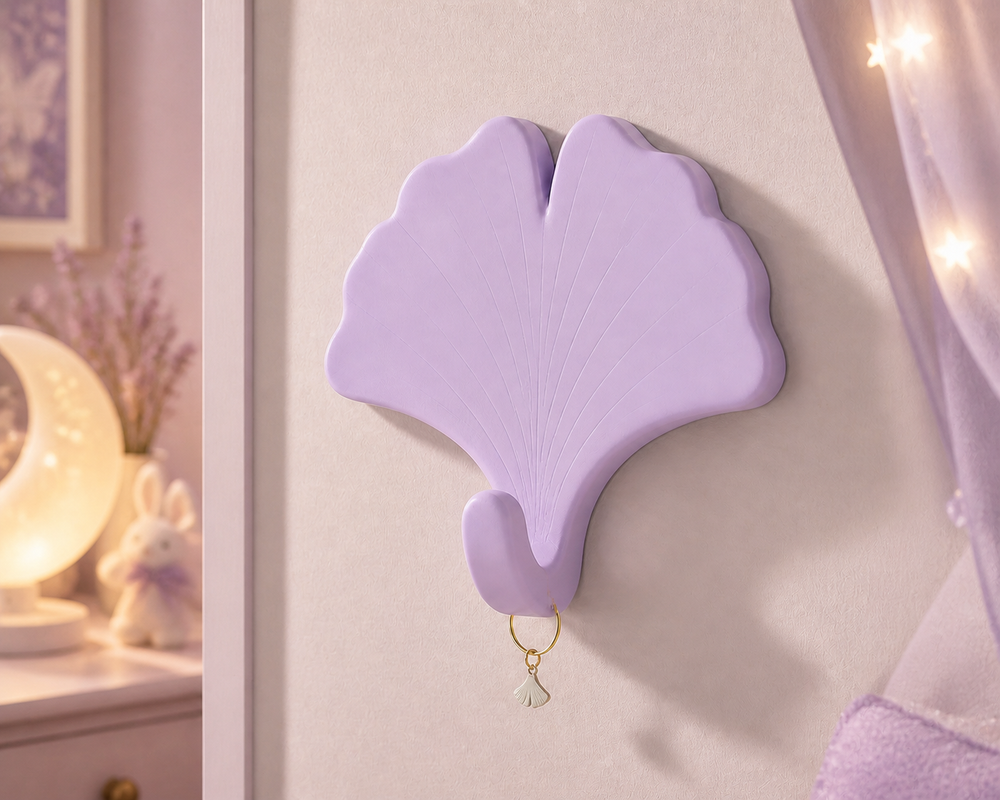 Ginkgo Leaf Wall Hook, Pastel Botanical Key Hook, Cute Entry Room Decor — Purple color variant