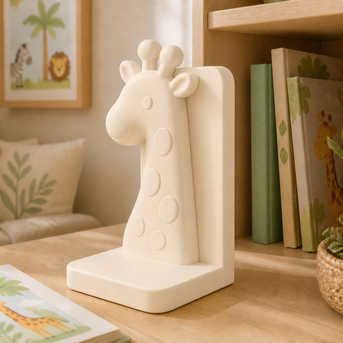 Giraffe Bookend, Pastel Safari Book Stand, Cute Nursery Bookshelf Decor Gift — Beige color variant
