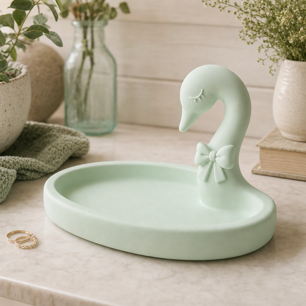 Vanity Tray, Pastel Swan Catchall, Coquette Bridesmaid Gift, Cute Vanity Decor — Green lifestyle color variant