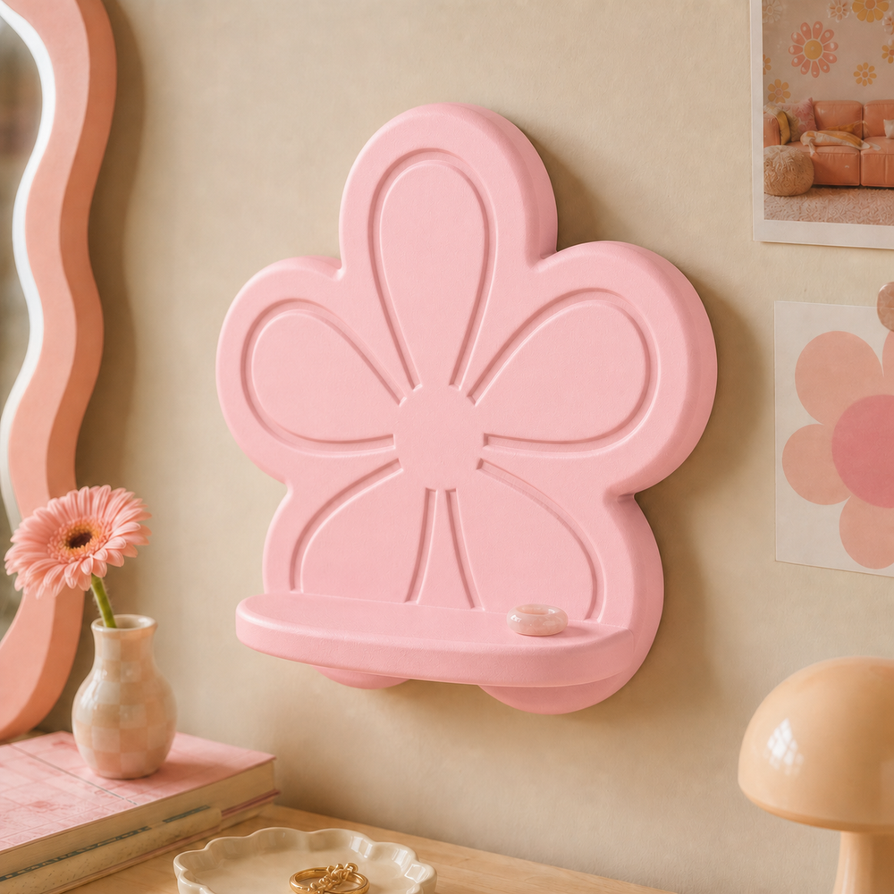 Groovy Flower Mini Wall Ledge, Pastel Retro Shelf, Cute Room Decor — Pink color variant