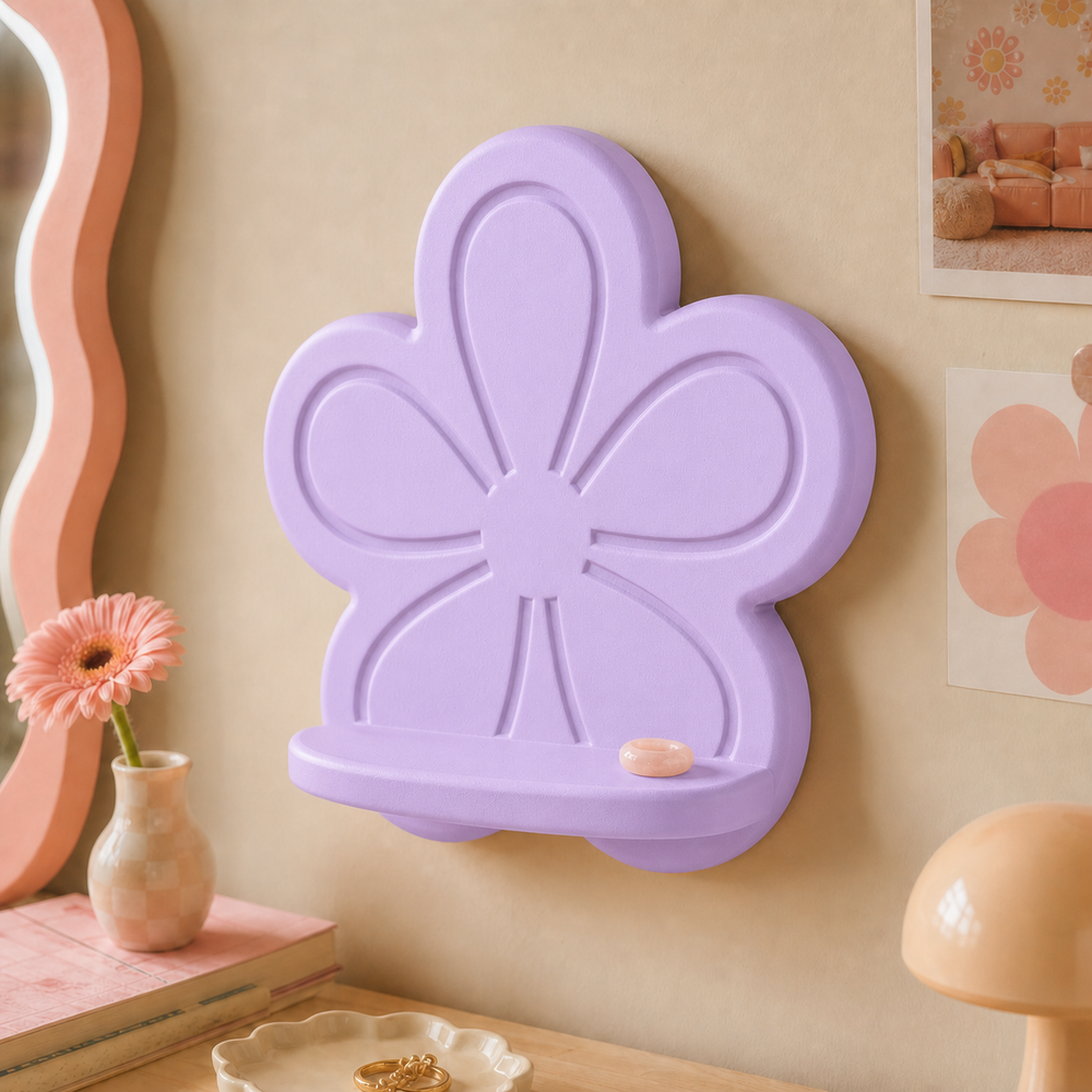 Groovy Flower Mini Wall Ledge, Pastel Retro Shelf, Cute Room Decor — Purple color variant