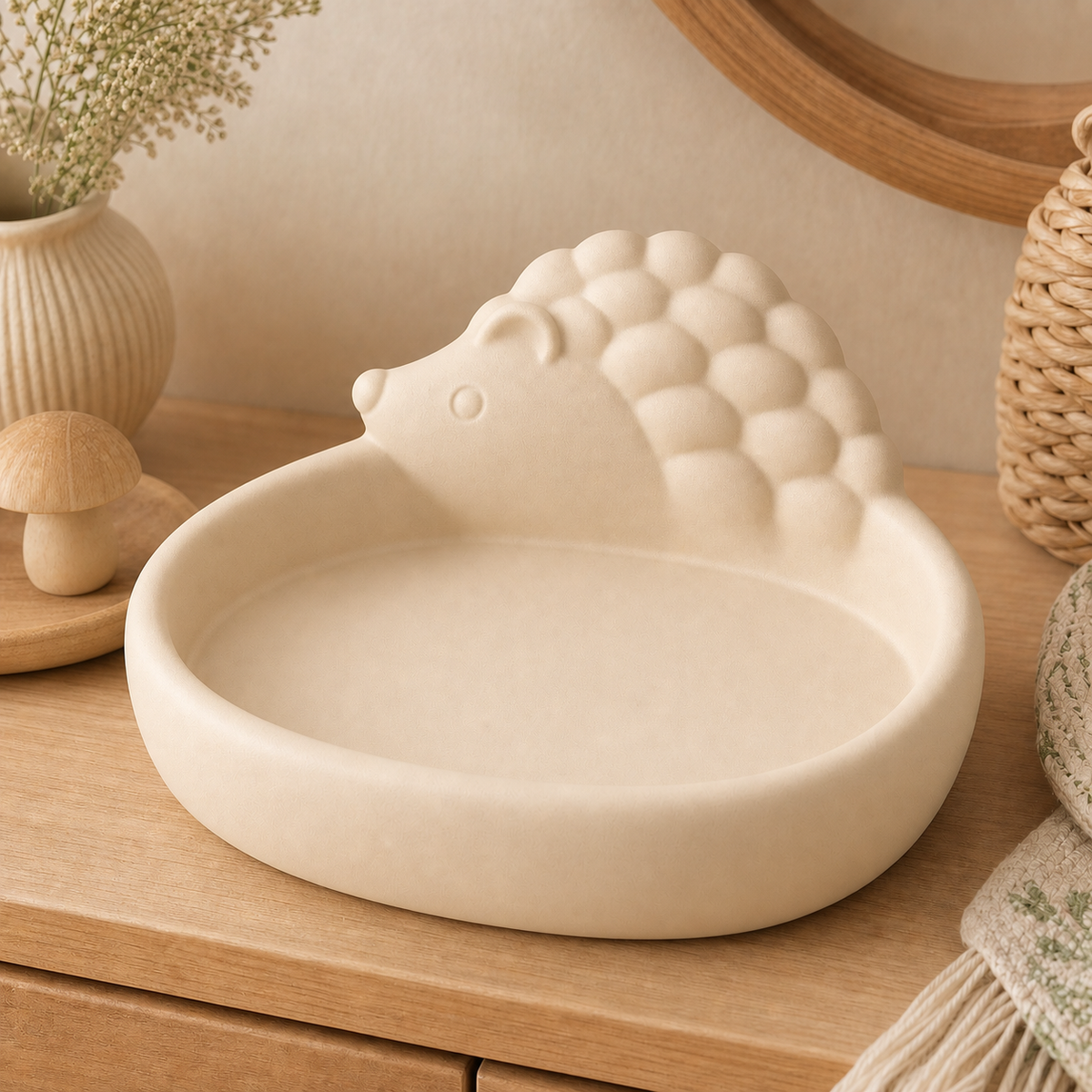 Hedgehog Key Bowl, Cute Animal Catchall Dish, Pastel Entryway Decor — Beige color variant