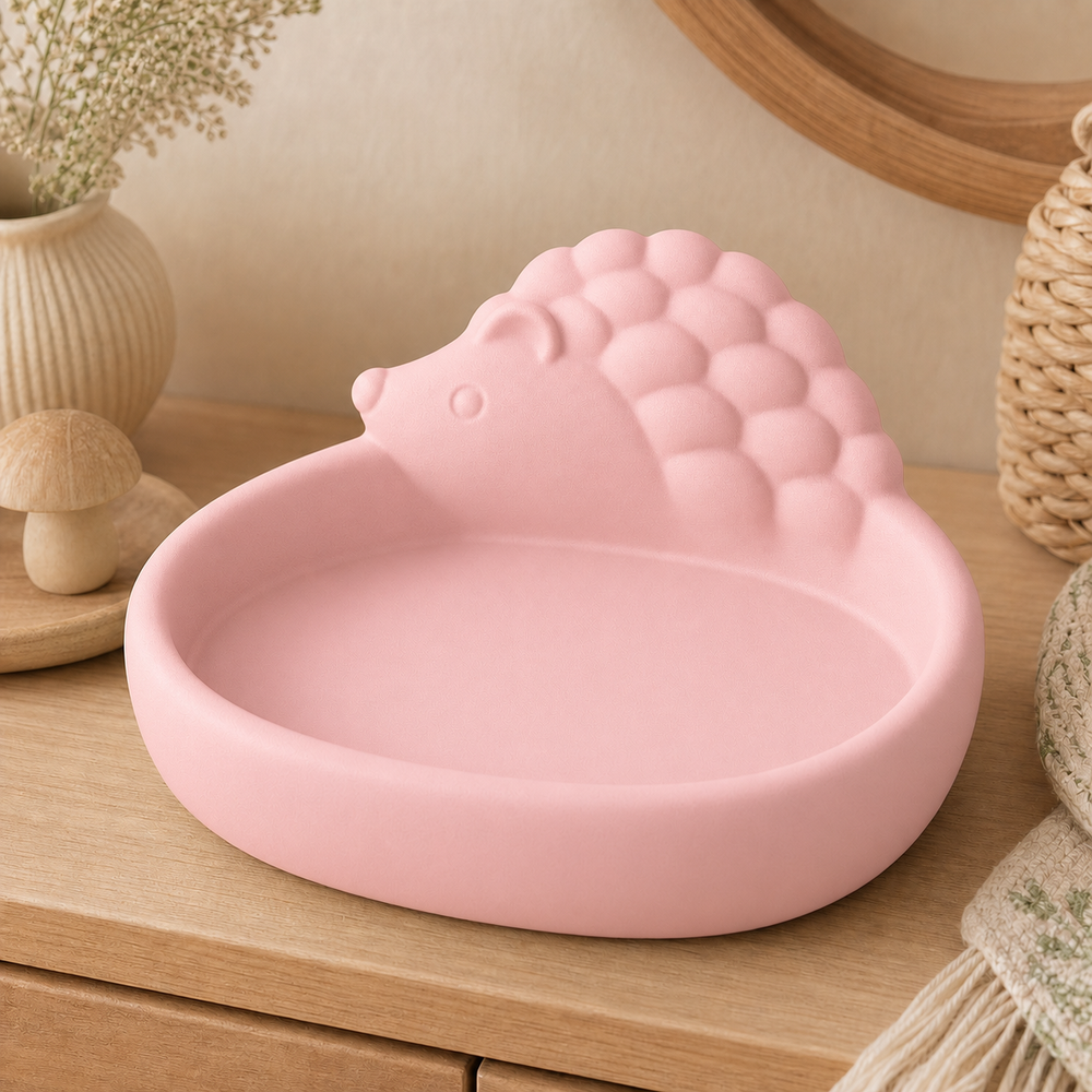 Hedgehog Key Bowl, Cute Animal Catchall Dish, Pastel Entryway Decor — Pink color variant