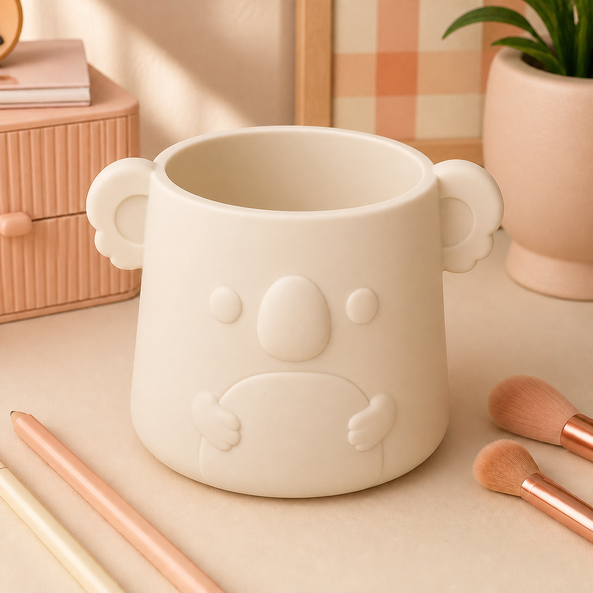 Koala Pencil Cup, Cute Pastel Desk Organizer, Dorm Room Decor Gift — Beige color variant