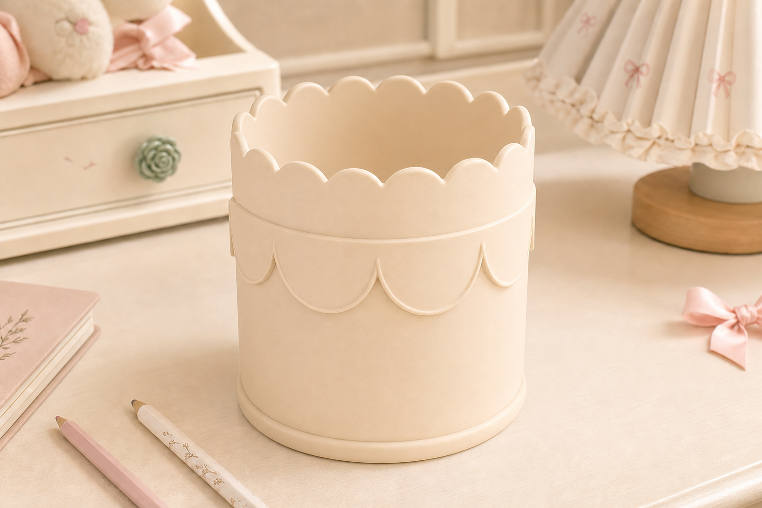 Scallop Pencil Brush Cup, Coquette Desk Organizer, Pastel Vanity Decor — Beige color variant