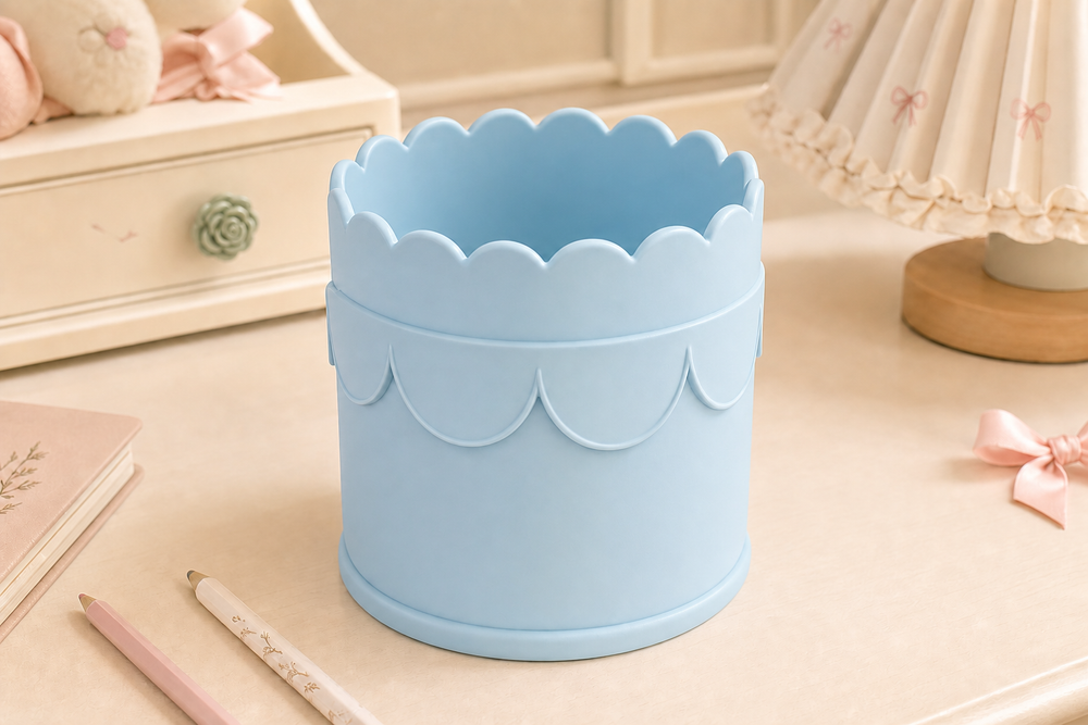 Scallop Pencil Brush Cup, Coquette Desk Organizer, Pastel Vanity Decor — Blue color variant