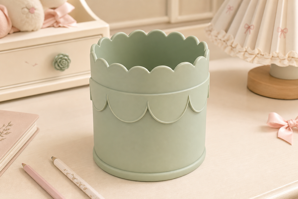 Scallop Pencil Brush Cup, Coquette Desk Organizer, Pastel Vanity Decor — Green color variant