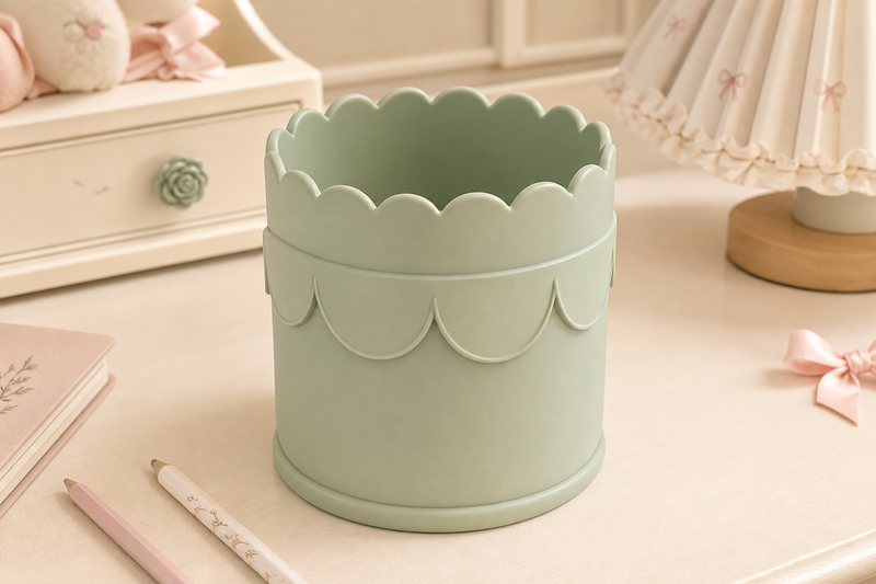 Scallop Pencil Brush Cup, Coquette Desk Organizer, Pastel Vanity Decor — Green color variant