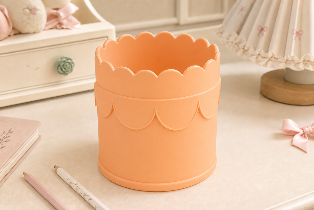 Scallop Pencil Brush Cup, Coquette Desk Organizer, Pastel Vanity Decor — Orange color variant