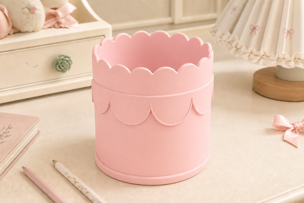 Scallop Pencil Brush Cup, Coquette Desk Organizer, Pastel Vanity Decor — Pink color variant