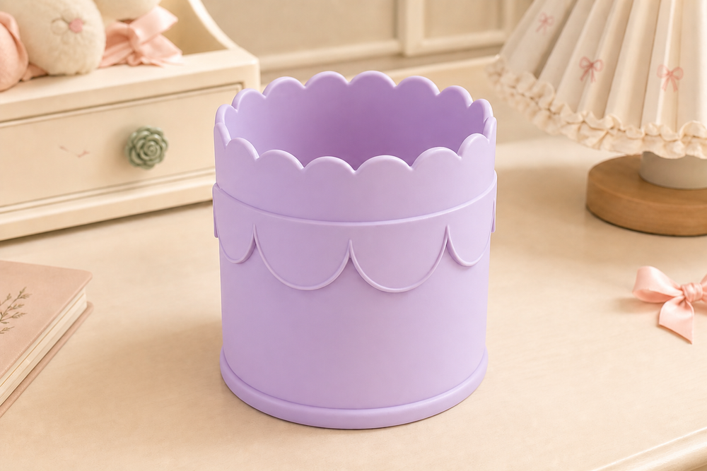 Scallop Pencil Brush Cup, Coquette Desk Organizer, Pastel Vanity Decor — Purple color variant